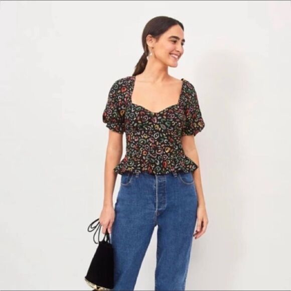 FARM Rio Orange and Black Puff Sleeve Peplum Blouse - Picture 1 of 7